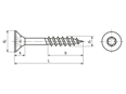 Technical drawing with dimensions of Hexalobular (6 Lobe) socket flat countersunk head chipboard screws partially threaded