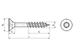 Technical drawing with dimensions of Hexalobular (6 Lobe) socket flat countersunk head chipboard screws partially threaded