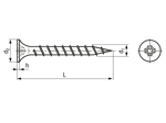 Technical drawing with dimensions of Phillips flat head countersunk drywall screws form H, with coarse thread