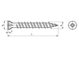 Technical drawing with dimensions of Phillips flat head countersunk drywall screws form H, with high-low thread and cutting ribs under the head