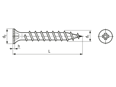 Technical drawing with dimensions of Phillips flat head countersunk drywall screws form H, with coarse thread