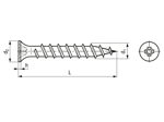 Technical drawing with dimensions of Phillips flat head countersunk drywall screws form H, with coarse thread
