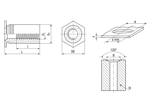 Technical drawing with dimensions of PEM® TSO - Self-clinching threaded standoffs open type, with unthreaded end, for metallic materials