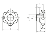 Technical drawing with dimensions of ELESA® VL.640 FP - Lobe knobs with metal boss black-oxide steel boss, undrilled