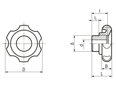 Technical drawing with dimensions of ELESA® VL.640 FP - Lobe knobs with metal boss black-oxide steel boss, reamed through-hole