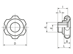 Technical drawing with dimensions of ELESA® VL.640 FP - Lobe knobs with metal boss black-oxide steel boss, reamed through-hole