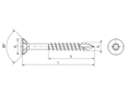 Technical drawing with dimensions of SPAX® - Raised countersunk head screws for wooden facades partially threaded, milled ribs and hexalobular socket T-STAR plus with CUT point