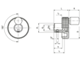 Technical drawing with dimensions of ELESA® MBT+I Color - Diamond cut knurled knobs with revolving handle, brass boss with blind hole