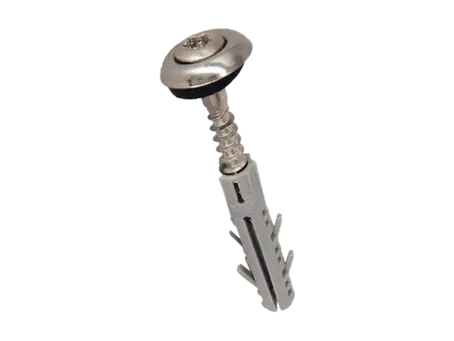 Product image of Hexalobular (6 Lob) socket oval countersunk head building screws with slot, assembled with finishing washer and sealing ring with pre-mounted nylon plug