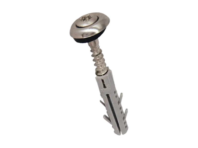 Product image of Hexalobular (6 Lob) socket oval countersunk head building screws with slot, assembled with finishing washer and sealing ring with pre-mounted nylon plug