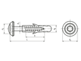 Technical drawing with dimensions of Hexalobular (6 Lob) socket oval countersunk head building screws with slot, assembled with finishing washer and sealing ring with pre-mounted nylon plug