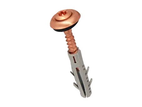 Product image of Hexalobular (6 Lob) socket oval countersunk head building screws with slot, assembled with finishing washer and sealing ring with pre-mounted nylon plug