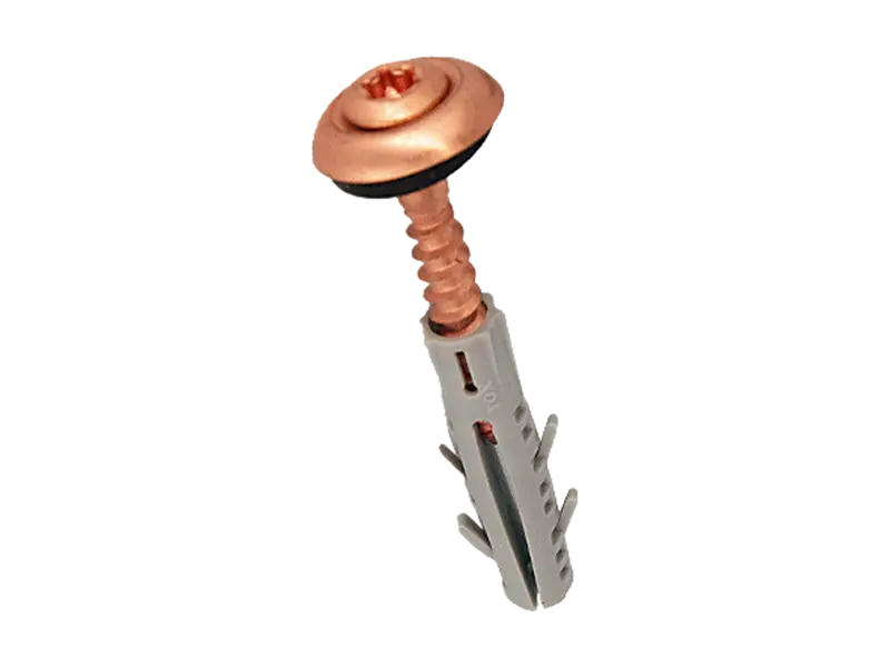 Product image of Hexalobular (6 Lob) socket oval countersunk head building screws with slot, assembled with finishing washer and sealing ring with pre-mounted nylon plug
