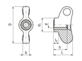 带尺寸的技术图：ELESA® CWN-FP - 蝶形螺母 带铜质嵌件和螺纹通孔
