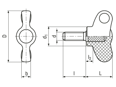 Technical drawing with dimensions of ELESA® CWN-p - Wing screws with threaded stud, steel zinc plated