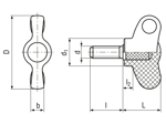 Technical drawing with dimensions of ELESA® CWN-p - Wing screws with threaded stud, steel zinc plated