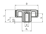Technical drawing with dimensions of ELESA® MBT-B-SOFT - Fluted grip knobs with brass boss with threaded blind hole