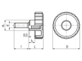 带尺寸的技术图：ELESA® MBT-p-SOFT - 握紧滚花旋钮 带钢质镀锌螺柱