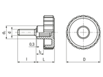带尺寸的技术图：ELESA® MBT-p-SOFT - 握紧滚花旋钮 带钢质镀锌螺柱