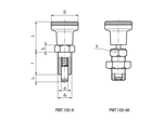 带尺寸的技术图：ELESA® PMT.100-A/AK - 带六角衬套不待锁紧的分度销 黑色氧化硬化钢销