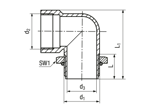 Technical drawing with dimensions of JACOB® - Elbows 90° with locknut with metric internal and external thread