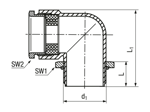 Technical drawing with dimensions of JACOB® - Elbow cable glands 90° with metric thread and pressure screw