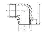 Technical drawing with dimensions of JACOB® - Elbows 90° with Pg internal and external thread standard