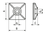 带尺寸的技术图：Elematic® - 四向带背胶线缆固定座 可视的，用于线缆扎带