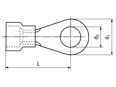 Technical drawing with dimensions of Solderless terminals ring type with PC-insulation