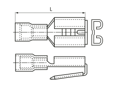 Technical drawing with dimensions of Female push on terminals, piggyback connectors with PVC-insulation
