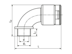 Technical drawing with dimensions of REIKU® VP-BRB - Arched elbows 90° with integrated seal and male thread