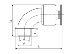 Technical drawing with dimensions of REIKU® VP-BRB - Arched elbows 90° with integrated seal and male thread