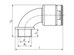 Technical drawing with dimensions of REIKU® VP-BRB - Arched elbows 90° with integrated seal and male thread
