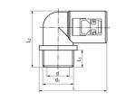 带尺寸的技术图：REIKU® PA-WOB - 90°弯头 带有外螺纹