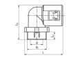 Technical drawing with dimensions of REIKU® PA-SOB - Elbows 90° swivelable with male thread