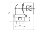 Technical drawing with dimensions of REIKU® PA-SOG - Elbows 90° swivelable with male thread