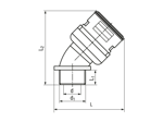 带尺寸的技术图：REIKU® VP-ARB - 45°弯头 带有集成密封圈与外螺纹