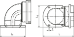 Technical drawing with dimensions of REIKU® PAWOG - Elbows 90° with flange for tubings