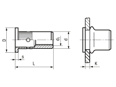 Technical drawing with dimensions of BCT® RBS/FK - Blind rivet nuts Micro knurled shank, flat head, open end