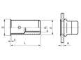 Technical drawing with dimensions of BCT® BM/KS - Blind rivet nuts Multigrip round shank, small countersunk head, open end