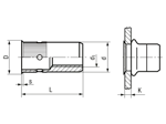 Technical drawing with dimensions of BCT® RBB/KS - Blind rivet nuts knurled shank, small countersunk head, open end