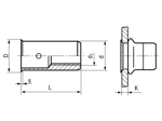 Technical drawing with dimensions of BCT® BM/KS - Blind rivet nuts Multigrip round shank, small countersunk head, open end