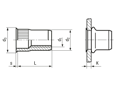 Technical drawing with dimensions of AVDEL® Eurosert® 39006 - Blind rivet nuts knurled shank, small countersunk head, open end