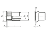 Technical drawing with dimensions of AVDEL® Eurosert® 39006 - Blind rivet nuts knurled shank, small countersunk head, open end