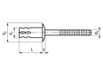 Technical drawing with dimensions of POP® TVD…GT - Sealing blind rivets IMEX dome head