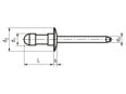 Technical drawing with dimensions of AVDEL® Avex® 1624 - Blind rivets Multigrip dome head