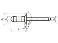Technical drawing with dimensions of AVDEL® Avex® 1604 - Blind rivets Multigrip countersunk head