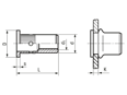 Technical drawing with dimensions of BCT® RBM/FK - Blind rivet nuts Multigrip knurled shank, flat head, open end