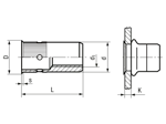 带尺寸的技术图：BCT® RBM/KS - 铆螺母, 多重铆接范围 滚花，小沉头，开口型