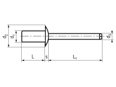 Technical drawing with dimensions of FASTEKS® FBR KCD...CUST - Blind rivets Closed End dome head
